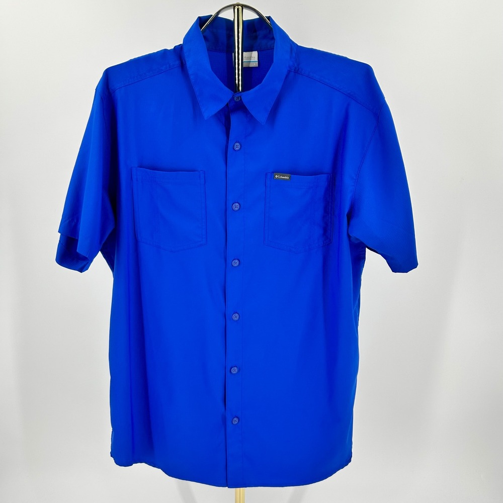Columbia Mens Short Sleeve Button Up Shirt Blue Ripstop XM7734 Large